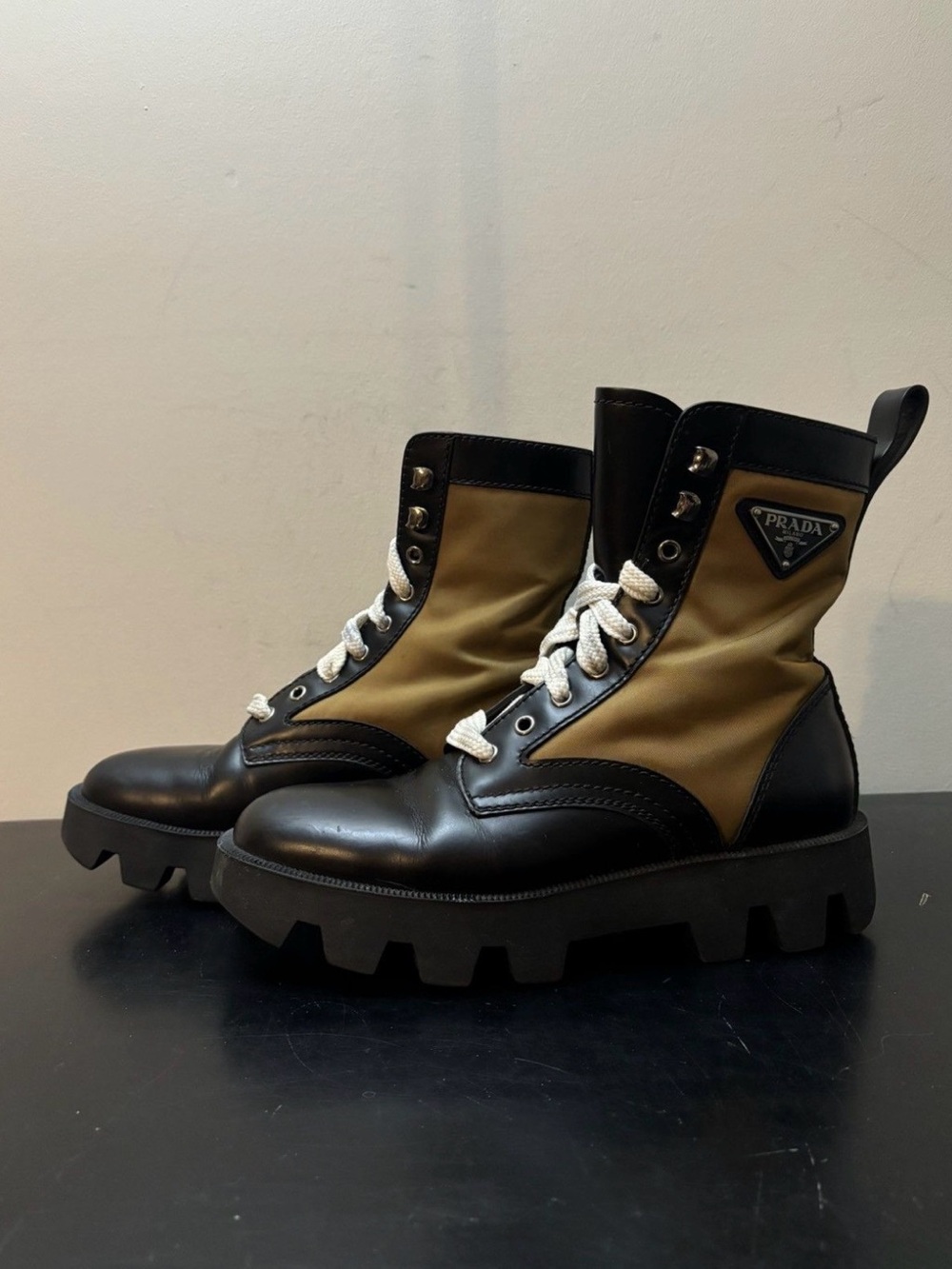 Prada Triangle Logo Panelled Nylon Leather Combat Boot Brown Black